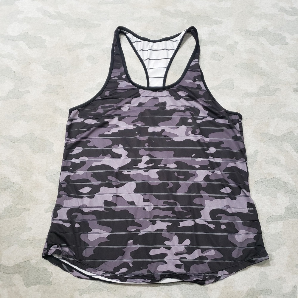 Zyia Active Tank Top Women Large Gray Camo Racerback Performance Pullover Gym